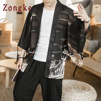 Zongke Fox Mėnesiena Juodas Kimono Vyrų Japonų Kimono Megztinis Harajuku Kimono Marškinėliai Vyrams Streetwear Havajų Marškinėliai Vyrams 5XL 2021