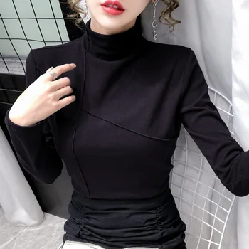 2020 m. pavasarį ir rudenį moterų vientisos spalvos aukštos kaklo plius aksomo ilgomis rankovėmis medvilnės marškinėliai dugno shirt juoda