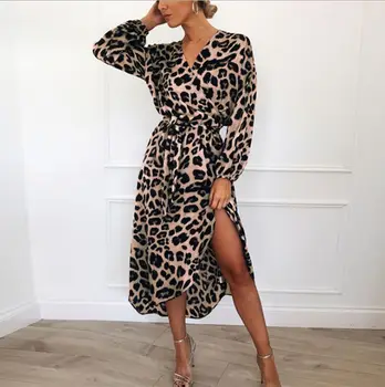 Leopard Suknelė 2019 Moterų Šifono Long Beach Suknelė Prarasti ilgomis Rankovėmis Giliai V-kaklo, Seksualus Šalis Suknelė Vestidos de fiesta