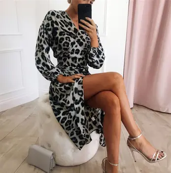 Leopard Suknelė 2019 Moterų Šifono Long Beach Suknelė Prarasti ilgomis Rankovėmis Giliai V-kaklo, Seksualus Šalis Suknelė Vestidos de fiesta