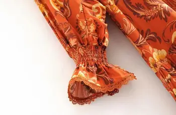 2019 Bohemijos Moterų V-kaklo Oranžinės spalvos Gėlių Spausdinti Suknelė Atostogų Spliced Pynimas Tuščiaviduriai Iš Nėrinių ilgomis Rankovėmis Prarasti Suknelės Vestidos