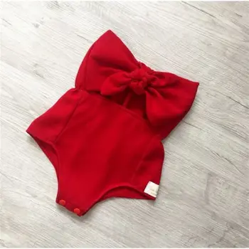 Bamblys Kūdikiui Baby Girl Off Peties Raudona Bowknot Bodysuit Jumpsuit Rinkinys