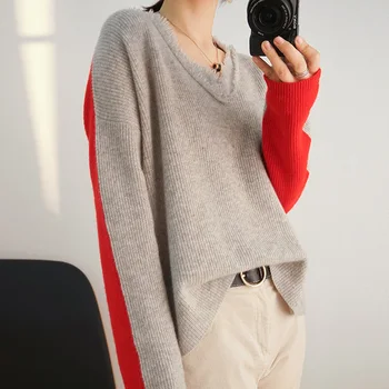 2020 naujas moterų top atsitiktinis didelio dydžio vilnos megztinis rudenį, žiemą kontrasto spalvų siūlėmis V-kaklo megztinis kašmyro megztinis
