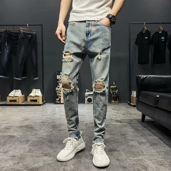Didmeninė 2020 metų hip-hop paauglių Slim džinsai vyrams vasaros plonas kankina pleistras apkarpyti kelnės ruožas kaukolė spausdinti elgeta Džinsinio džinsus