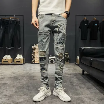 Didmeninė 2020 metų hip-hop paauglių Slim džinsai vyrams vasaros plonas kankina pleistras apkarpyti kelnės ruožas kaukolė spausdinti elgeta Džinsinio džinsus