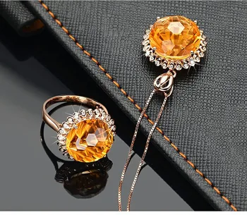 Citrinas rašė brangakmenių geltona kristalų cirkonis deimantų žiedai, pakabukas kaklo papuošalų rinkiniai moterims aukso spalvos papuošalai bijoux dovanos