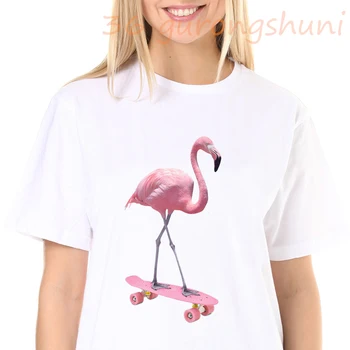 Vasarą Moteris Marškinėlius Moterims Harajuku Spausdinimo Flamingo Atsitiktinis Mados T shirt Apvalus kaklas Baltas Viršūnes Moterų Medžiaga Trumpas Rankovės marškinėliai