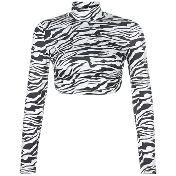 Rockmore Zebras Spausdinti Backless Seksualus T-Marškinėliai Moterims Tvarstis Golfo Ilgomis Rankovėmis Atsitiktinis Tshirts Liesas Apkarpytos Marškinėliai Rudenį