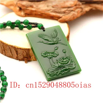 Natūrali Žalioji Kinijos Jade Lotus Krano Pakabukas Karoliukai Karoliai Mados Žavesio Žadeito Papuošalų, Išraižytas Amuletas Dovanas Moterims Vyrai
