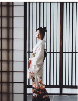 Derliaus Gill Japonų Stiliaus Kimono Balta Spausdinti Yukata Su Obi Elegantiškas Ilgomis Rankovėmis Moterims Etape Parodyti Drabužius, Cosplay Kostiumas