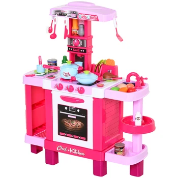 HOMCOM virtuvės žaislų Rinkinys vaikams nuo 3 metų amžiaus, išsilavinimo anksti vaidmenų žaidimai su 38 pridedami priedai rožinė