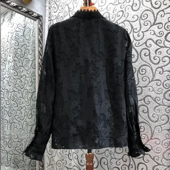 2021 Pavasario Mados Black Marškinėliai Aukštos Kokybės Moterų Derliaus Gėlių Modelius Tunika Mygtukai Atsitiktinis Ilgomis Rankovėmis Palaidinė Marškinėliai Moteriška