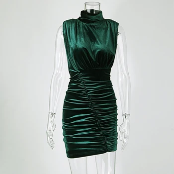 Karlofea Elegantiška Vintage Žalia Įžymybė Šalis Suknelė Rudens Žiemos Minkštas Aksominis Mini Suknelė, Prašmatnus Rankovių Bodycon Ruched Suknelės