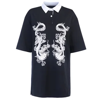 InsDoit Gotikos Dragon Spausdinti Juodos spalvos trumpomis Rankovėmis T-shirt Streetwear Harajuku Turndown Apykaklės Tshirts Punk Atsitiktinis Ilgi marškinėliai