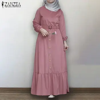 Dubajus Turkija Suknelė, Hijab ZANZEA Moterų Rudenį Pynimas Hem Ilgai Musulmonų Suknelė, Kietas Kaftan Abayas Sundress Velvetas Vestidos Juostinės