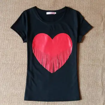 Vasaros Moteriškų T ShirtsTassel Širdies Stilingas T-Shirt Viršūnes Atsitiktinis Marškinėliai, Femme Camisetas Mujer juoda pilka