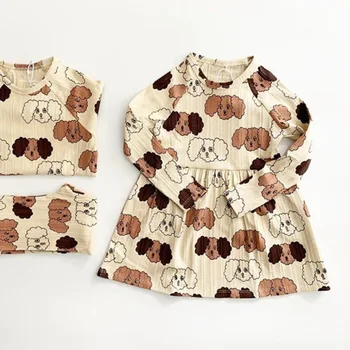 Ins2021 Pavasario ir Vasaros Naujų Mini Serijos Full Spausdinimo Mažylis Kūdikiui ilgomis rankovėmis T-shirt Antblauzdžiai Medvilnės Suknelė