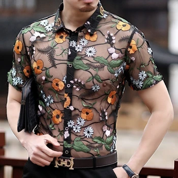 Skaidrus Marškiniai Vyrams Seksualus Gėlių Siuvinėjimo Nėrinių Šalis Marškinėliai Prabanga Ilgomis Rankovėmis Chemise Homme Matyti Per Camisa Hombre