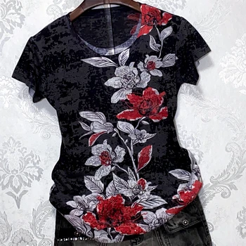 Senovinių gėlių spausdinti marškinėliai moterims 4XL 2020 metų vasaros trumpos rankovės grafinis tees slim modis marškinėlius, o-kaklo viršūnes tee marškinėliai femme