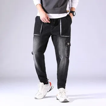 Vyriški džinsai vasaros korėjos Versija Harun mažas baggy pants plus riebalų plus vyrų mados balta multi-pocket gražus ruožas džinsai