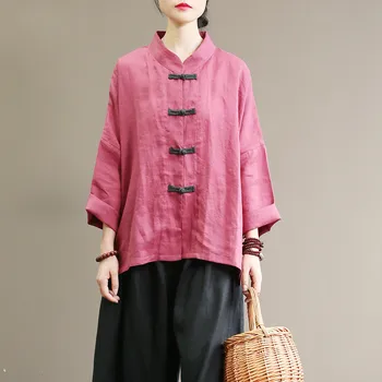 Johnature Rudens Derliaus Marškinėliai Moterims Stovėti Vientisos Spalvos Palaidinės 2020 Naują Rudenį Ramės (Kiniškosios Dilgėlės) Kinų Stiliaus Aukštos Kokybės Moterų Marškiniai