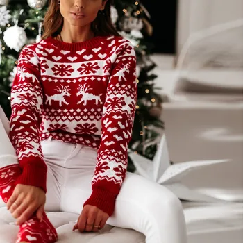 Plius Dydis Moterų Megztinis moteriški Drabužiai moteriški O Kaklo Briedžių Snaigės Kalėdų Kalėdos Megztinis Megztinis mezgimo Viršūnes Palaidinė Viršūnės