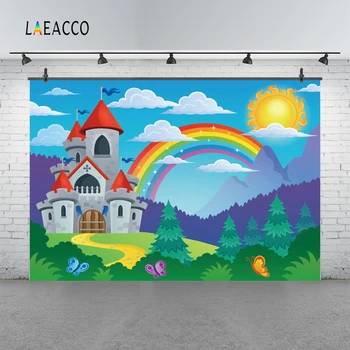 Laeacco Rainbow Castle Kūdikių Animacinių Filmų Saulė Debesis Medis Portrait Modelį, Foto Tapetai, Fotografija Backdrops Fotostudija
