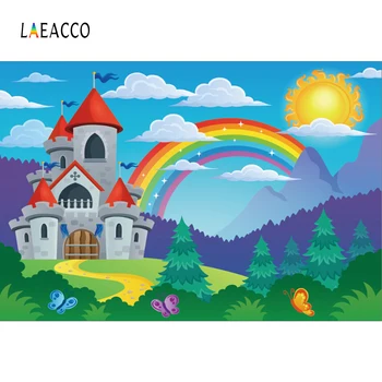 Laeacco Rainbow Castle Kūdikių Animacinių Filmų Saulė Debesis Medis Portrait Modelį, Foto Tapetai, Fotografija Backdrops Fotostudija