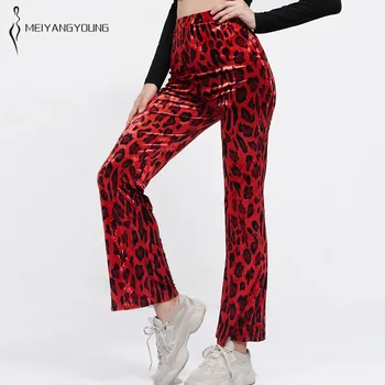 Aukštos Juosmens Raudona Gyvūnų Spausdinti Leopard Kelnės Moterims Atsitiktinis Bell Bottom Kelnės Prarasti Streetwear Hipster Platus Sudegintasis Kojų Kelnės