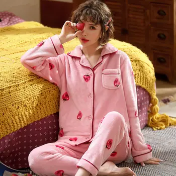 Žiemos Pižama Nustatyti Moterų, Šiltas, Seksualus, Moterų Nėriniai Pyjama Spausdinti Pliušinis Sleepwear 2019 Flanelė Pjs Mama Homewear
