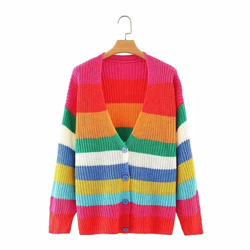 Europos ir Amerikos rudenį naują stilių V-kaklo vaivorykštė dryžuotas megztinis hudas laisvi, laisvi tingus džemperis moterims