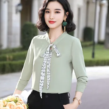2019 Naujų Rudens Elegantiškas Moterų Marškinėliai Vaisių Žalia Temperamentas Ilgomis Rankovėmis Slim Šifono Palaidinės Office Ponios Plus Size Darbo Viršūnių