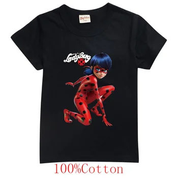 Trumpas rankovės Mergina T-shirt Animacinių filmų Redbug Mergina Marškinėliai Vaikams Viršų Mados Mergaičių Drabužių raudona klaidą Kostiumas Katė Noir vaikams drabužių
