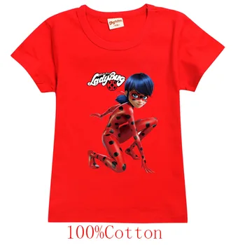Trumpas rankovės Mergina T-shirt Animacinių filmų Redbug Mergina Marškinėliai Vaikams Viršų Mados Mergaičių Drabužių raudona klaidą Kostiumas Katė Noir vaikams drabužių