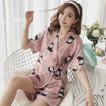 Japoniško Stiliaus moteris paprasti Kimono Pižama Vasaros Šilko Trumpas Rankovės Studentų Namų drabužių Dviejų dalių pajama Nustatyti šortai sleepwear