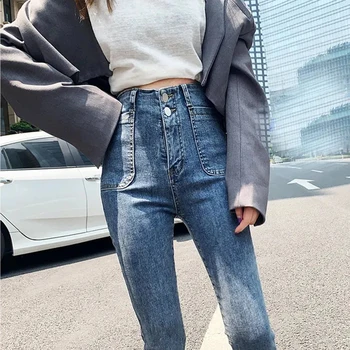 Korėjos derliaus aukšto juosmens elastinga skinny džinsai moterims streetwear stora džinsinio tiesios kojos kulkšnies ilgio kelnės slim pieštuku kelnės