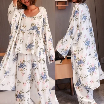 Moterų Pižama 3 Gabalus Satino Sleepwear Pijama Šilko Namų Drabužiai Namų Drabužių, Siuvinėjimas, Miego, Poilsio Pyjama Pižamos Komplektas