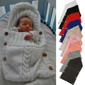 Naujagimio megzti šiltas miegmaišis mygtukai gobtuvu medvilnės kūdikiams, vaikams miego maišą wrap vežimėlio priedai