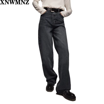 XNWMNZ Za Moterų Mados Išblėso aukšto juosmens džinsai Moteriška 90-ŲJŲ derliaus plataus kojų kišenėje besiūlių hems zip skristi mygtuką atsitiktinis kelnės chic