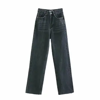 XNWMNZ Za Moterų Mados Išblėso aukšto juosmens džinsai Moteriška 90-ŲJŲ derliaus plataus kojų kišenėje besiūlių hems zip skristi mygtuką atsitiktinis kelnės chic