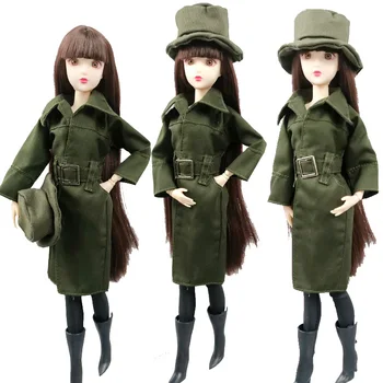 1Set Armijos Žalioji vientisas ilgomis Rankovėmis Striukė, Paltas Barbie Lėlės Komplektus Drabužių 11.5