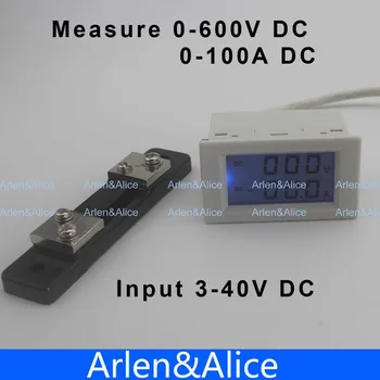 Dual LCD ekranas DC Įtampos ir srovės matuoklis voltmeter ammeter asortimentą DC 0-600V 0-100A Mėlynas apšvietimas DC 3~40 Įėjimas Su perstūmimo