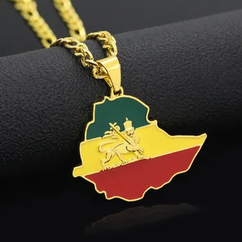 WEIYU Etiopijos Vėliava & Liūtas Žemėlapis Pakabukas Kaklo Grandinės Moterų, Vyrų, Aukso Spalvos Papuošalai Afrikoje, Etiopijoje liūtas Karoliai Žemėlapiai