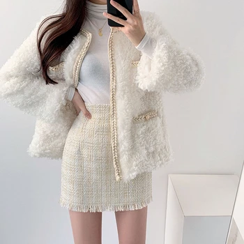 2020 Naujų korėjos elegantiška rudens žiemos temperamentas dirbtiniais ėriukų vilnos kailis + aukšto juosmens krepšys hip-line sijonas kostiumas Dviejų dalių rinkiniai T604