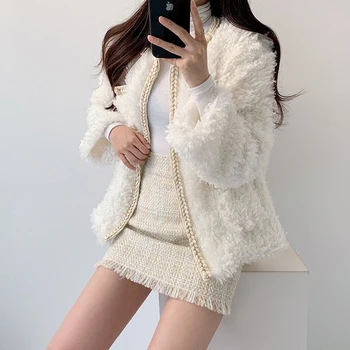 2020 Naujų korėjos elegantiška rudens žiemos temperamentas dirbtiniais ėriukų vilnos kailis + aukšto juosmens krepšys hip-line sijonas kostiumas Dviejų dalių rinkiniai T604