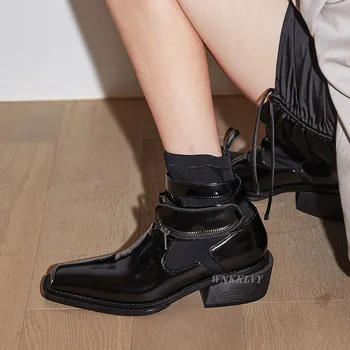 Aikštėje kojų ruožas trumpi auliniai Batai moterims, stambusis kulno vidurio diržo sagtis kišenėje dizainas kulkšnies botas motociklo batai 2020 kilimo ir tūpimo tako batai