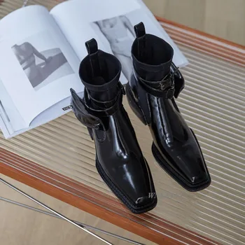 Aikštėje kojų ruožas trumpi auliniai Batai moterims, stambusis kulno vidurio diržo sagtis kišenėje dizainas kulkšnies botas motociklo batai 2020 kilimo ir tūpimo tako batai