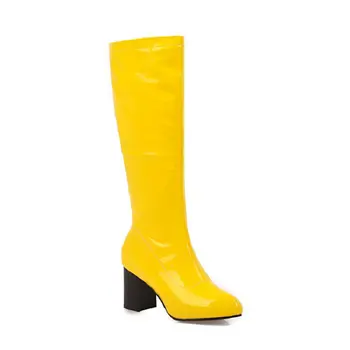 ZawsThia spalvinga žalia geltona raudona oranžinė juoda kelio aukštos bateliai patentų PU odos shinny blokuoti aukštakulnius moteris ruožas batai