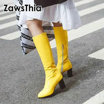 ZawsThia spalvinga žalia geltona raudona oranžinė juoda kelio aukštos bateliai patentų PU odos shinny blokuoti aukštakulnius moteris ruožas batai