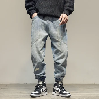 2020 M. Rudens Mados Harajuku Šviesiai Mėlynos Spalvos Džinsai Korėjos Hip-Hop Džinsinio Haremo Kelnės Streetwear Poilsiu Vyrų Drabužiai Krovinių Kelnės Vyras